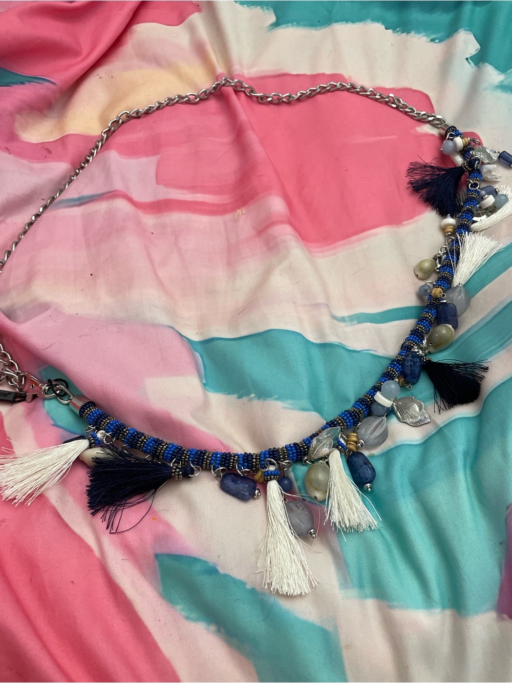 Chico's Blue Beaded Tassel Belt with White and Navy Accents